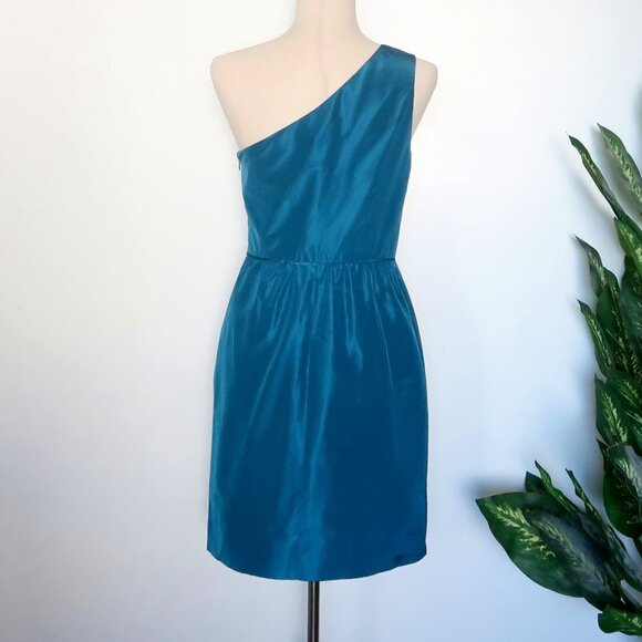J. Crew Turquoise 100% Silk One Shoulder Sleeveless Pencil Mini Dress Size 4 - Picture 2 of 8